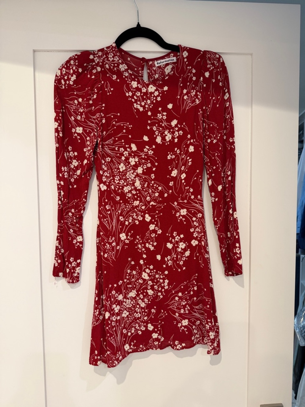 Reformation Red Floral Long Sleeve Mini Dress with White Accents
